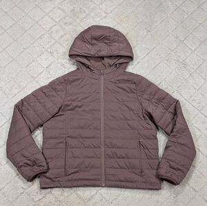 Girlfriend Collective Jacket Mens L Purple Mauve Hooded Puffer Quilted Packable